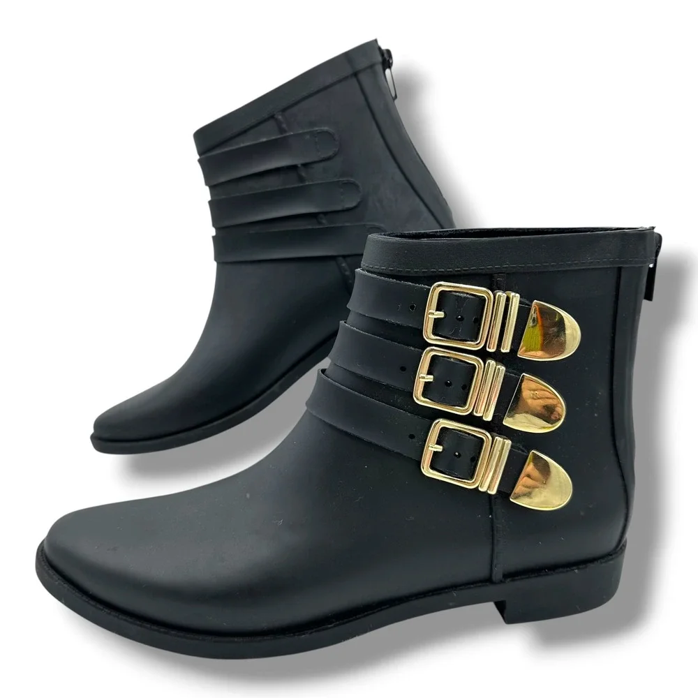 Loeffler Randall Fenton Black Rubber Triple Buckle Rain Boot Gold Hardware Ankle
